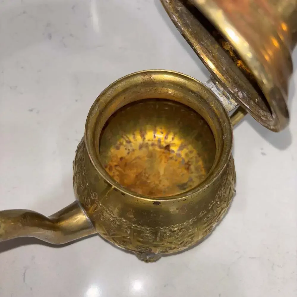 Vintage Ornate Moroccan Style Brass Decorative Teapot with Floral Engravings